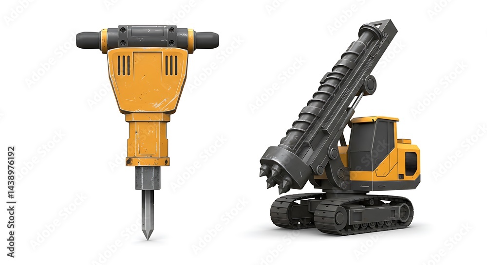 Powerful Demolition Tools: Jackhammer and Excavator in Industrial Setting Powerful Demolition Tools: Jackhammer and Excavator in Industrial Setting