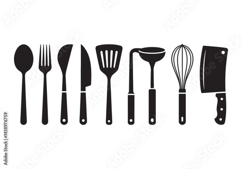 Cooking utensils silhouettes collection, cutlery, whisk, spatula, knife, fork, and spoon vector