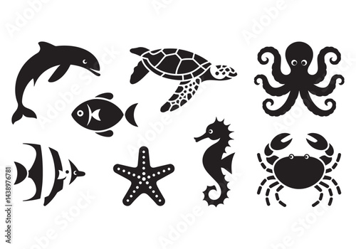 Sea animals silhouette set, dolphin, turtle, fish, octopus, seahorse, crab, and starfish vector