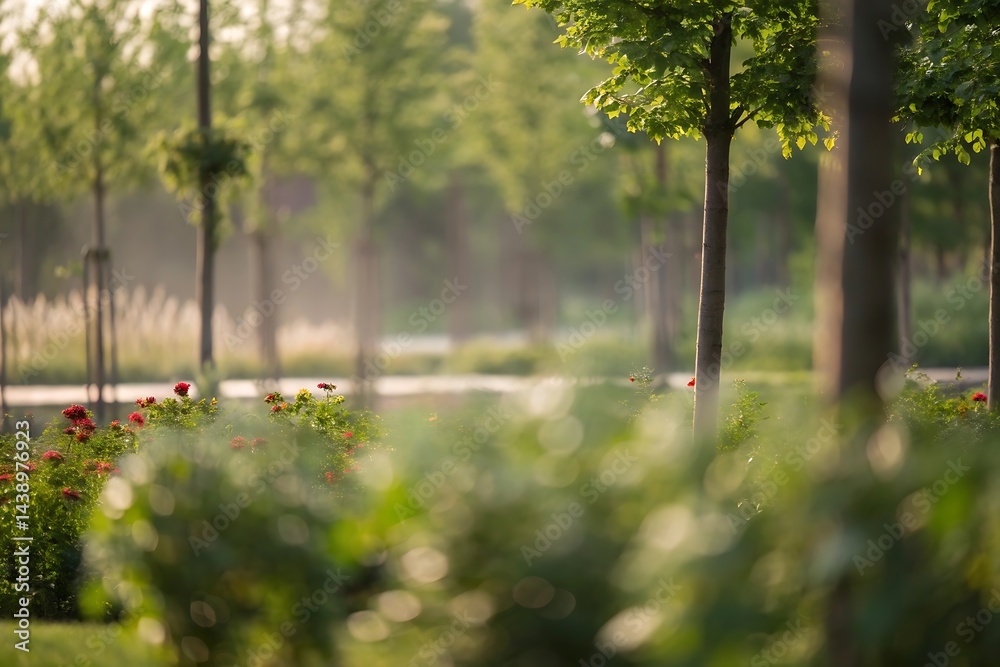 Fototapeta premium Nature action in green environment blurred background of trees and flowers