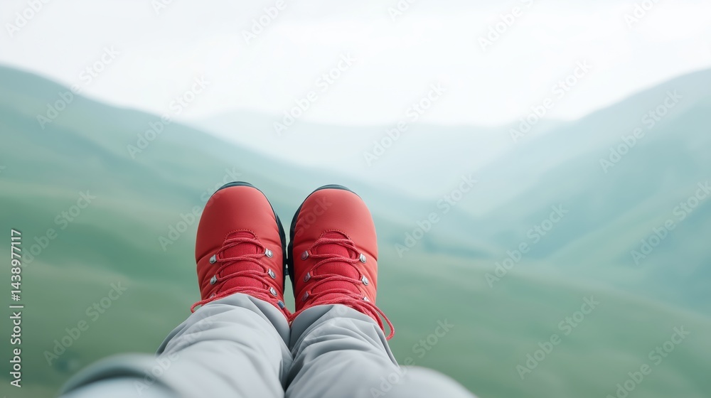 Enjoying a breathtaking view while resting in red hiking boots on a mountainside in the early morning light.