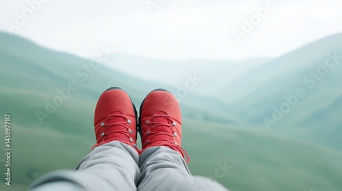 Obraz na płótnie Enjoying a breathtaking view while resting in red hiking boots on a mountainside in the early morning light. w salonie