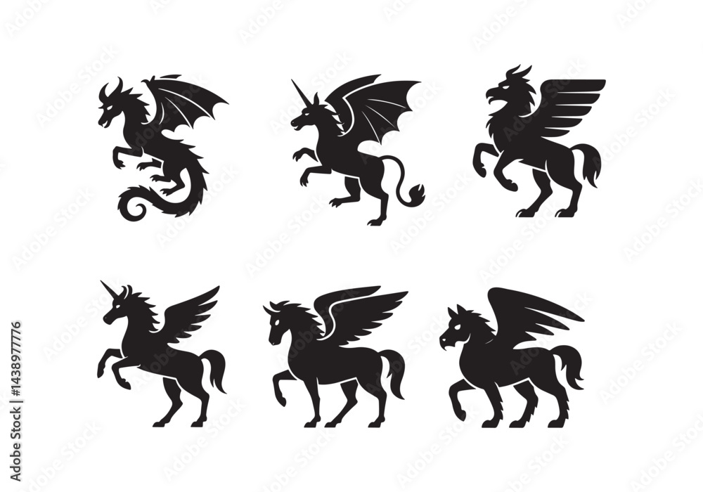 Obraz premium Fantasy creatures silhouette set, dragon, unicorn, Pegasus, and mythical winged horse vector collection