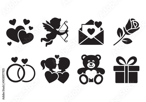 Romantic love icons collection, hearts, cupid with bow, rose, wedding rings, teddy bear, love gift vector