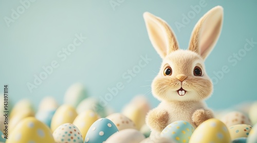 Cute cartoon Easter bunny with a happy expression sits among colorful decorated eggs on a blue background, a cheerful character for the holiday.