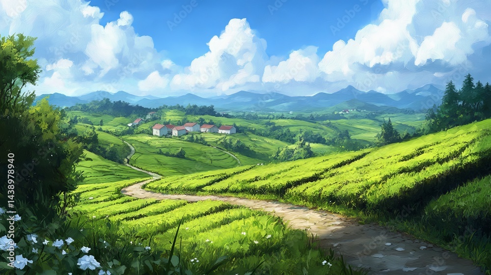 Fototapeta premium Serene Countryside Valley Landscape Painting