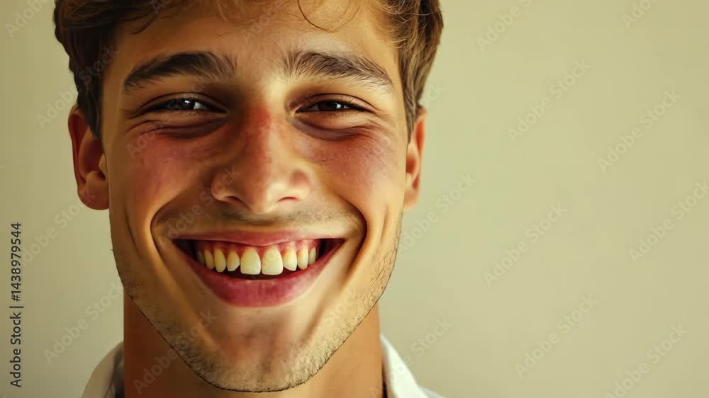 Joyful expressions of a smiling young man in white shirt against plain background