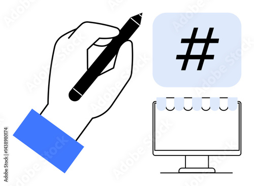 Hand holding pen, metadata tag in speech bubble, and computer screen with notebook. Ideal for creativity, social media, planning, note-taking, technology, brainstorming simple landing page