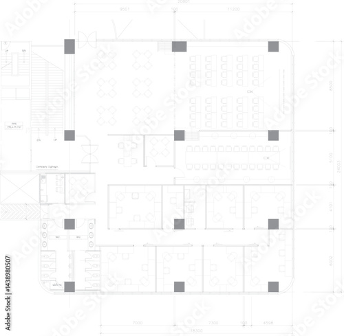 Modern Office Layout with Large Conference Room, Small Meeting Room, and Open Workspaces