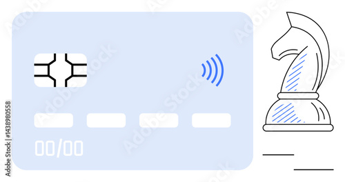 Blue contactless credit card with chip alongside chess knight piece symbolizing strategic and secure digital payment solutions. Ideal for finance, technology, strategy, business, banking, innovation