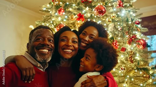 Joyful family celebrating christmas with smiles and warm hugs by the festive tree