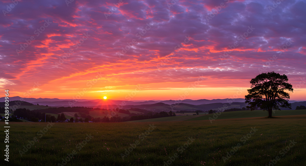 Obraz premium Dramatic Sunset Sky Over Rolling Hills with Lone Tree Silhouette