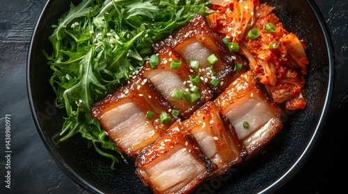 Delicious Korean Bossam Boiled Pork Belly with Kimchi and Fresh Greens photo