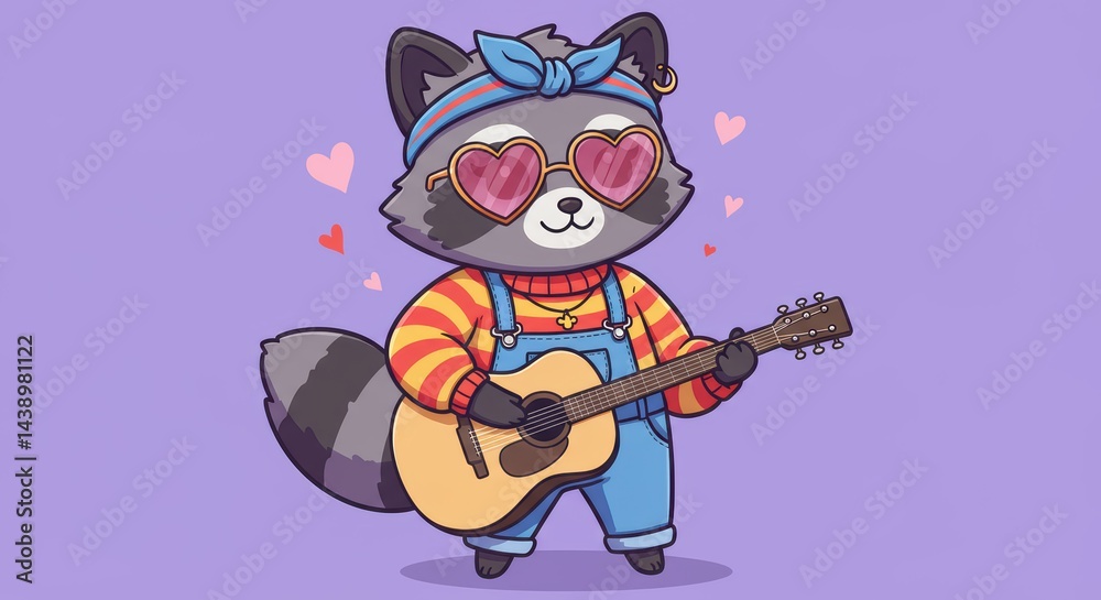 Fototapeta premium Raccoon Playing Guitar with Heart Sunglasses