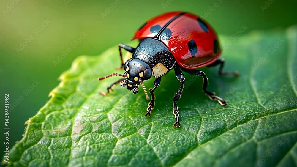 Close up of a red and black insect on a vibrant green leaf in soft focus lighting with blurred background Close up of a red and black insect on a vibrant green leaf in soft focus lighting with blurred background