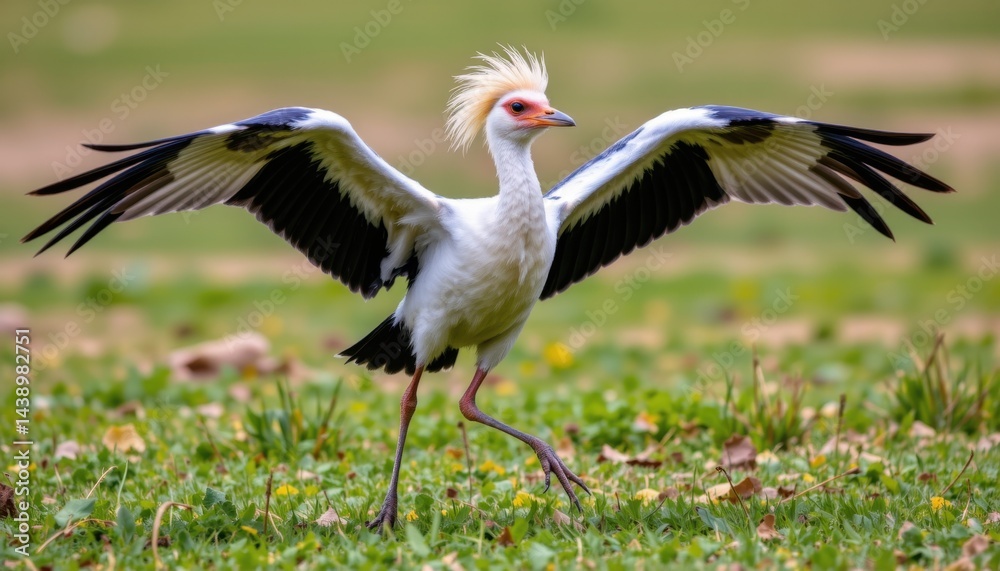 Fototapeta premium Bird spreading wings grassland wildlife photography natural environment close-up avian behavior