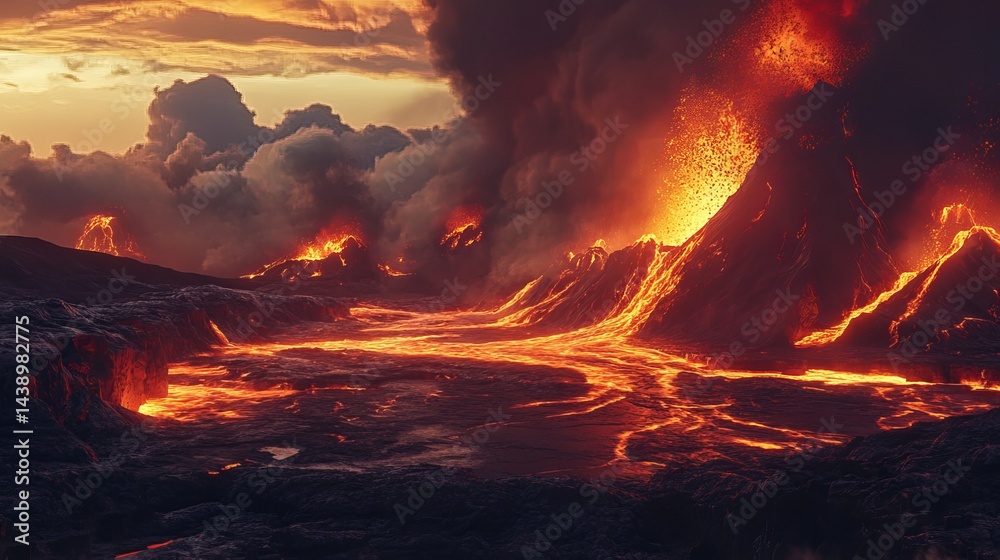 An active volcano erupting with lava flowing down its sides under a dramatic and smoky sky viewscape An active volcano erupting with lava flowing down its sides under a dramatic and smoky sky viewscape