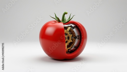 Futuristic technology meets nature a mechanized tomato studio setting surreal composition close-up view