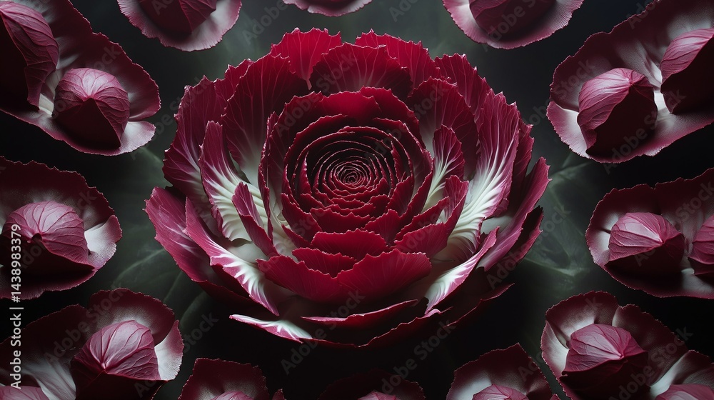 Radicchio: An aesthetic arrangement of a radiant red radicchio, its delicate leaves unfurling to reveal a vibrant interior, showcasing the beauty of fresh, natural produce.