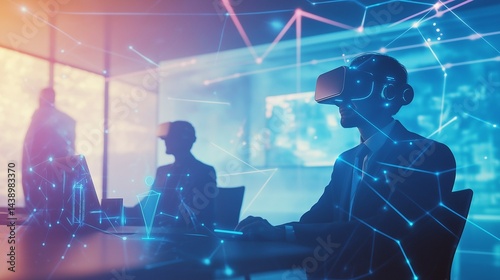 VR Meeting: Futuristic Meeting: A collaborative setting in a modern office, where the silhouettes of business professionals are immersed in the immersive world of virtual reality.
