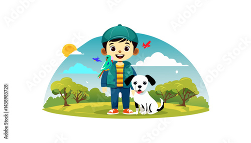 boy with dog with a mackaw on a park vector.ai