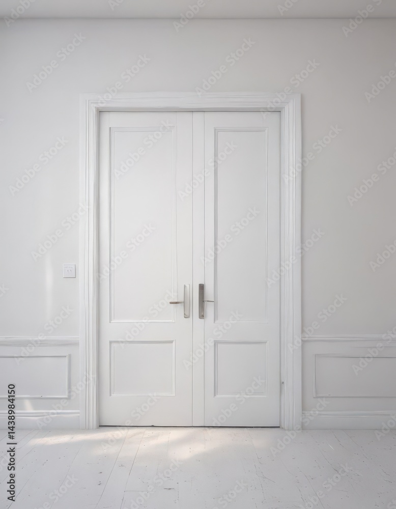 Clean white doors, open and closed, various states, bright room , wood, interior Clean white doors, open and closed, various states, bright room , wood, interior