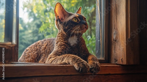 Devon Rex cat with curly fur and impish grin perched on window ledge