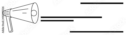 Megaphone projecting bold sound waves symbolizing communication, marketing, and influence. Ideal for promotion, advertising, announcement, public relations, broadcasting outreach leadership. Flat