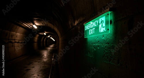 Emergency exit sign illuminated green in a dark tunnel with lights receding into the distance
