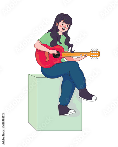 Cute girl sitting and playing a red acoustic guitar, fun music hobby, creativity, and childhood concept art