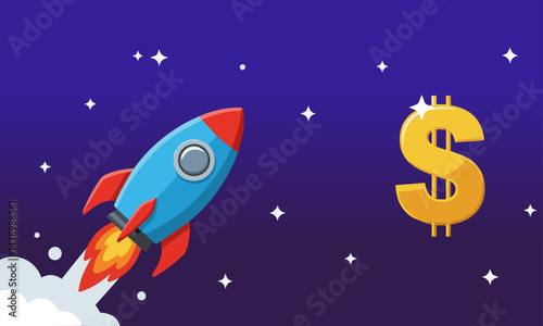 Rocket Launching Towards a Dollar Sign. Blue and red rocket launches upwards from white smoke towards a shiny golden dollar sign in a dark purple starry sky, symbolizing financial growth.
