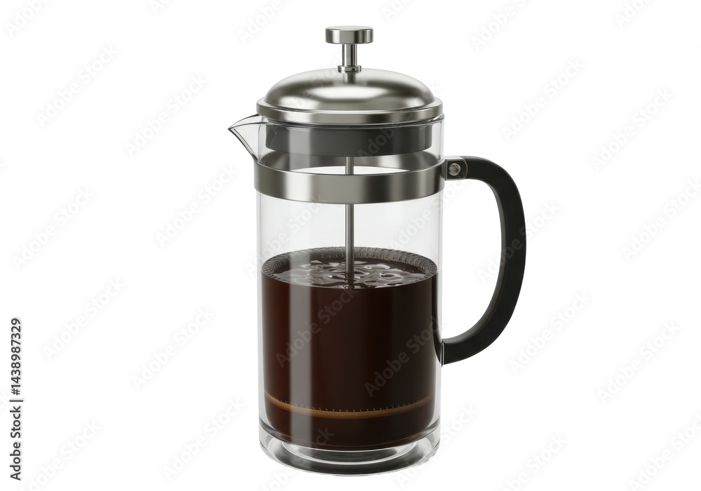 Dark coffee in glass french press against black background Dark coffee in glass french press against black background