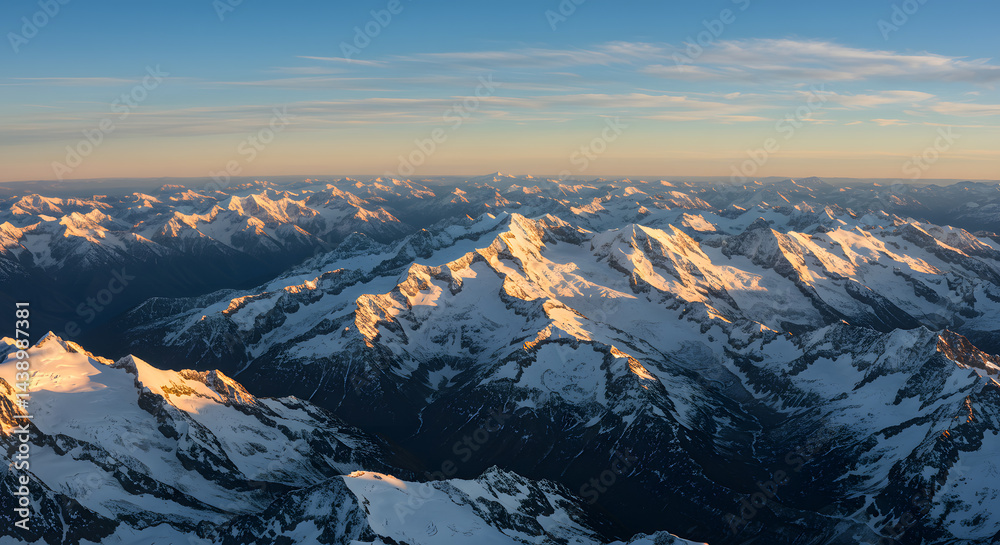 Fototapeta premium Snow Capped Mountain Range Aerial View at Sunrise with Golden Light