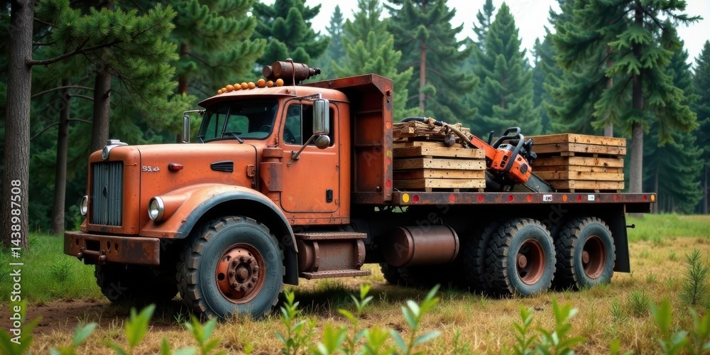 Rustic orange logging truck carrying lumber and chainsaw in a serene forest setting Rustic orange logging truck carrying lumber and chainsaw in a serene forest setting
