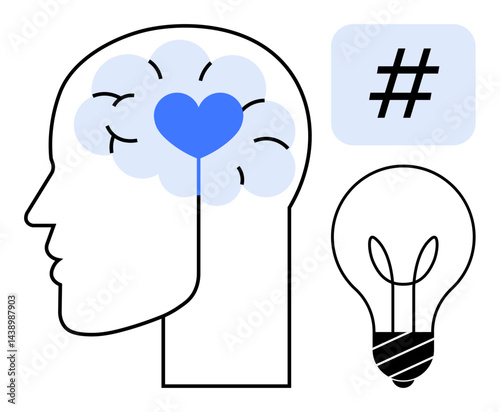Brain with blue heart for emotional intelligence, metadata tag for social engagement, and light bulb for ideas. Ideal for mental health, creativity, innovation, online trends, emotional growth