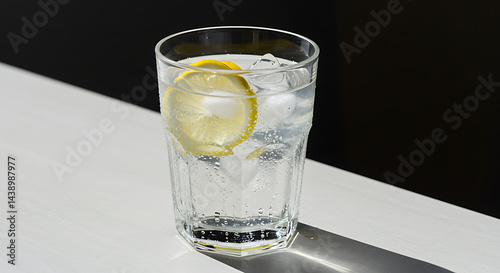 Refreshing Drink with Lemon and Ice Cubes in Glass