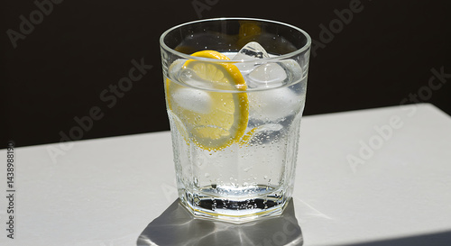 Refreshing Lemon Water with Ice in Glass on White Surface