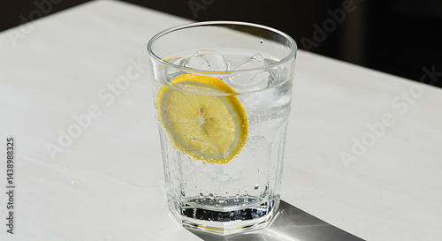 Refreshing Drink with Lemon and Ice Cubes in Glass