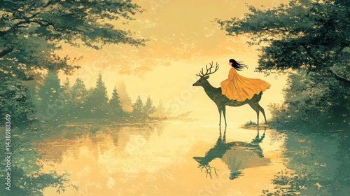 A girl riding a deer to find path together