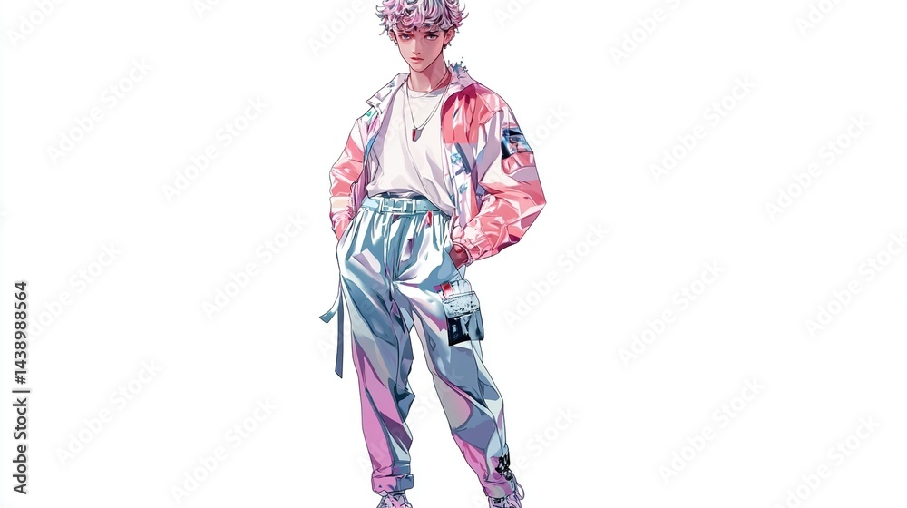 Stylish anime boy in pastel pink and blue outfit. Stylish anime boy in pastel pink and blue outfit.