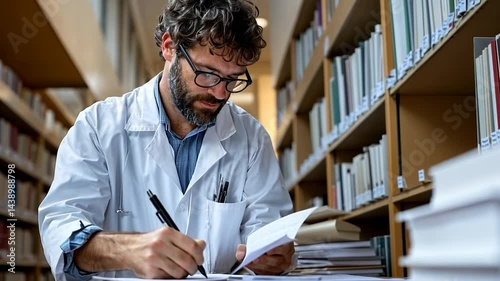A man in a white lab coat examines documents in a library setting surrounded by bookshelves. He is wearing glasses and holding a pen. Soft focus and natural light
