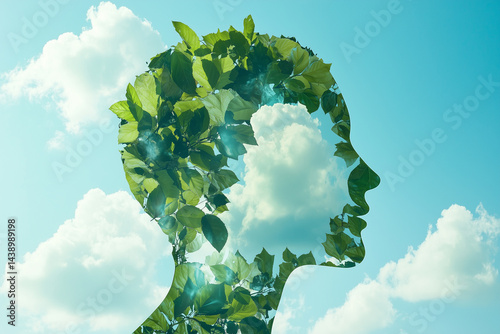 Human head silhouette filled with leaves and sky concept