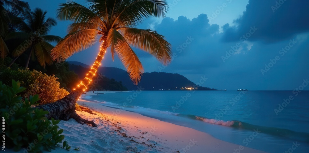 Fototapeta premium Lighted palm tree, tropical beach Christmas Festive island scene , beach, winter, Christmas