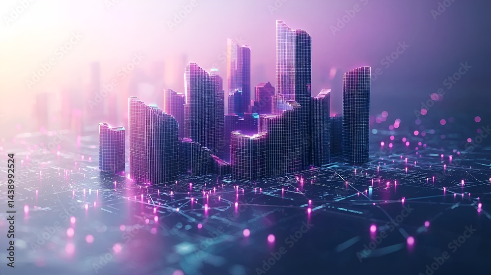 Fototapeta premium Futuristic city skyline with digital network connections.