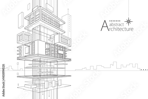 A 3D illustration of an abstract urban building, featuring an imaginative architectural design with outlined drawings.  
