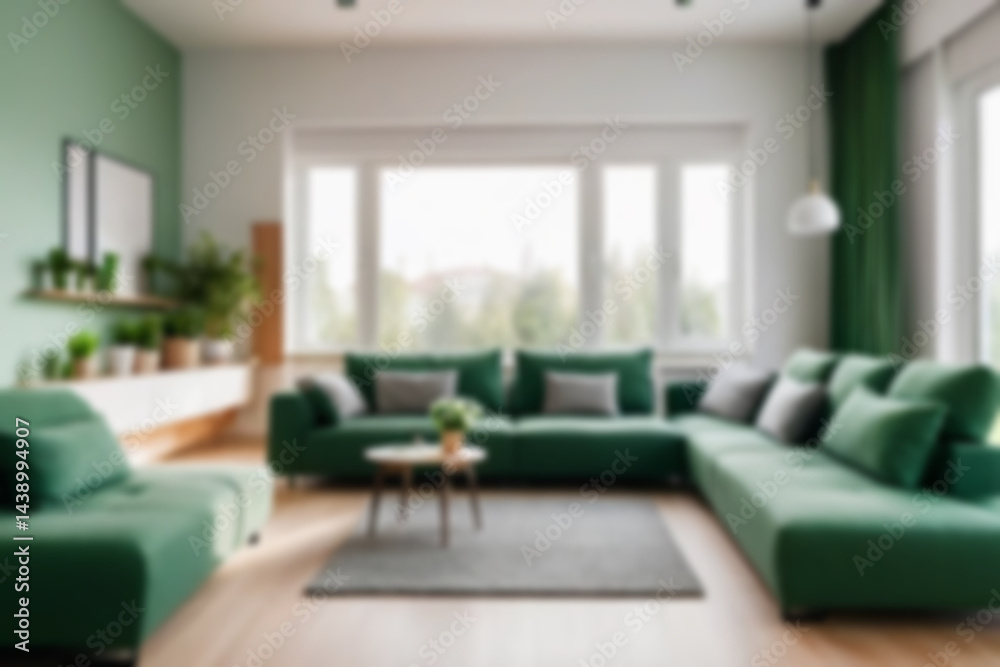 Fototapeta premium modern living room interior blurry, with sofas neatly lined up with a green theme, there are flower pots behind the sofa, near the window, bright lighting, blur wallpaper, 8k photo quality