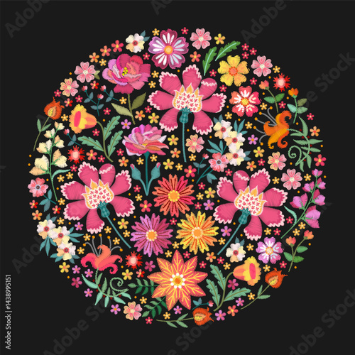 Charming round flower arrangement on a black background. Dense ornament of large and tiny embroidered flowers for a napkin, tablecloth, pillow, bag, carpet.
