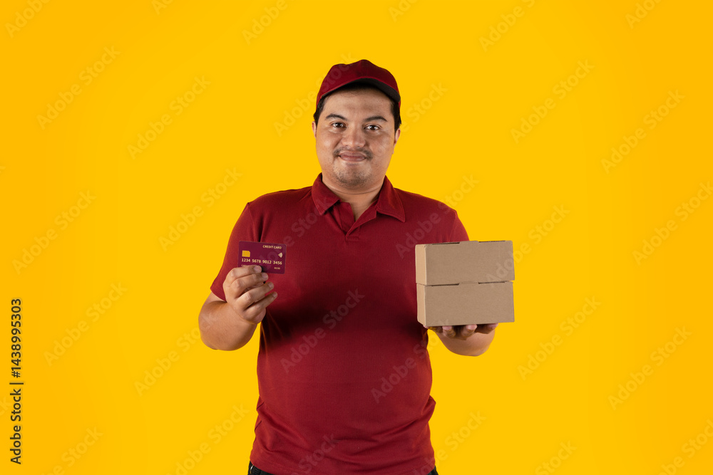 Smiling delivery man wearing red uniform and cap with delivery box and red credit card on yellow background Smiling delivery man wearing red uniform and cap with delivery box and red credit card on yellow background