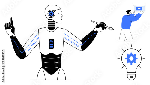 Human working with AI robot holding a stylus and a light bulb with gear inside. Ideal for technology, innovation, AI, creativity, teamwork, futuristic themes, simple landing page