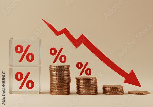 business and financial loss concept, Percentage sign on glass cubes with Stack of coin bar chart and red graph trending downwards on white background. Economy recession crisis, inflation, stagflation,
